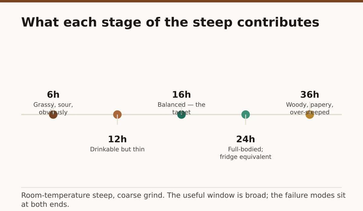 What each stage of the steep contributes. Grassy, sour, obviously unfinished: 6h; Drinkable but thin: 12h; Balanced — the target: 16h; Full-bodied; fridge equivalent: 24h; Woody, papery, over-steeped: 36h.
