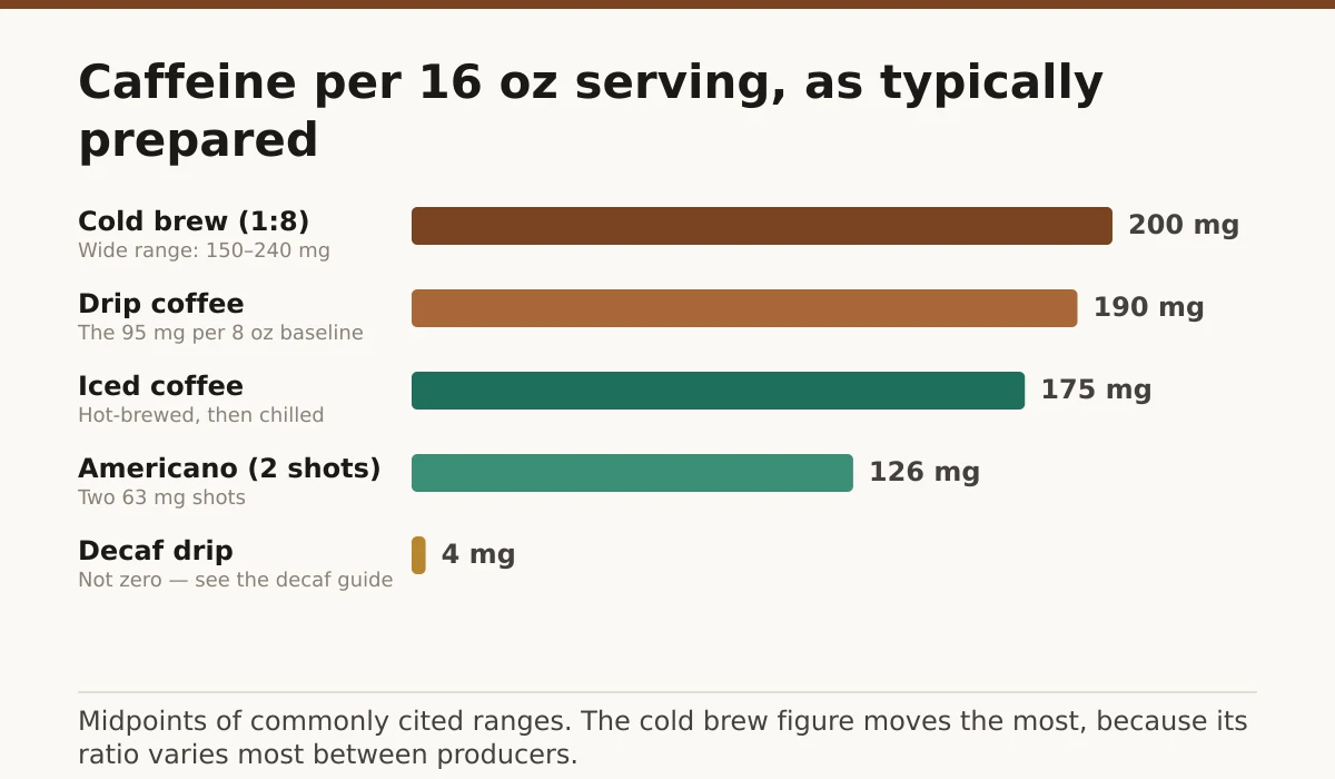 Caffeine per 16 oz serving, as typically prepared. Cold brew (1:8): 200 mg; Drip coffee: 190 mg; Iced coffee: 175 mg; Americano (2 shots): 126 mg; Decaf drip: 4 mg.