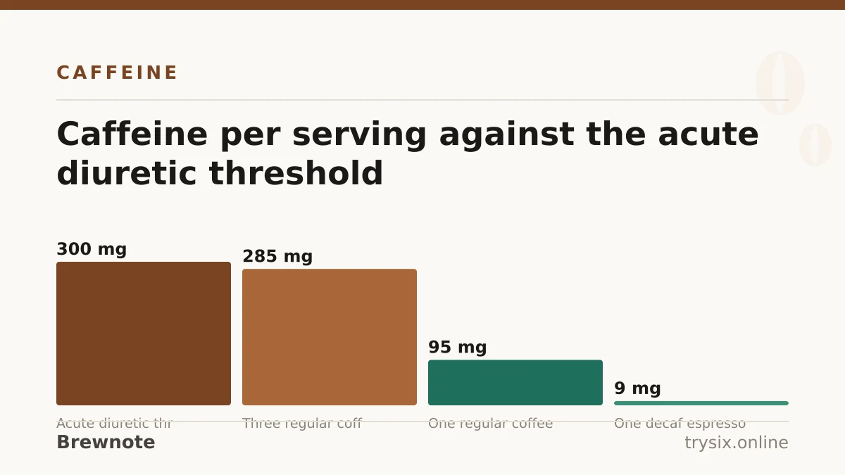 Chart from “Does Decaf Coffee Dehydrate You?”: caffeine per serving against the acute diuretic threshold